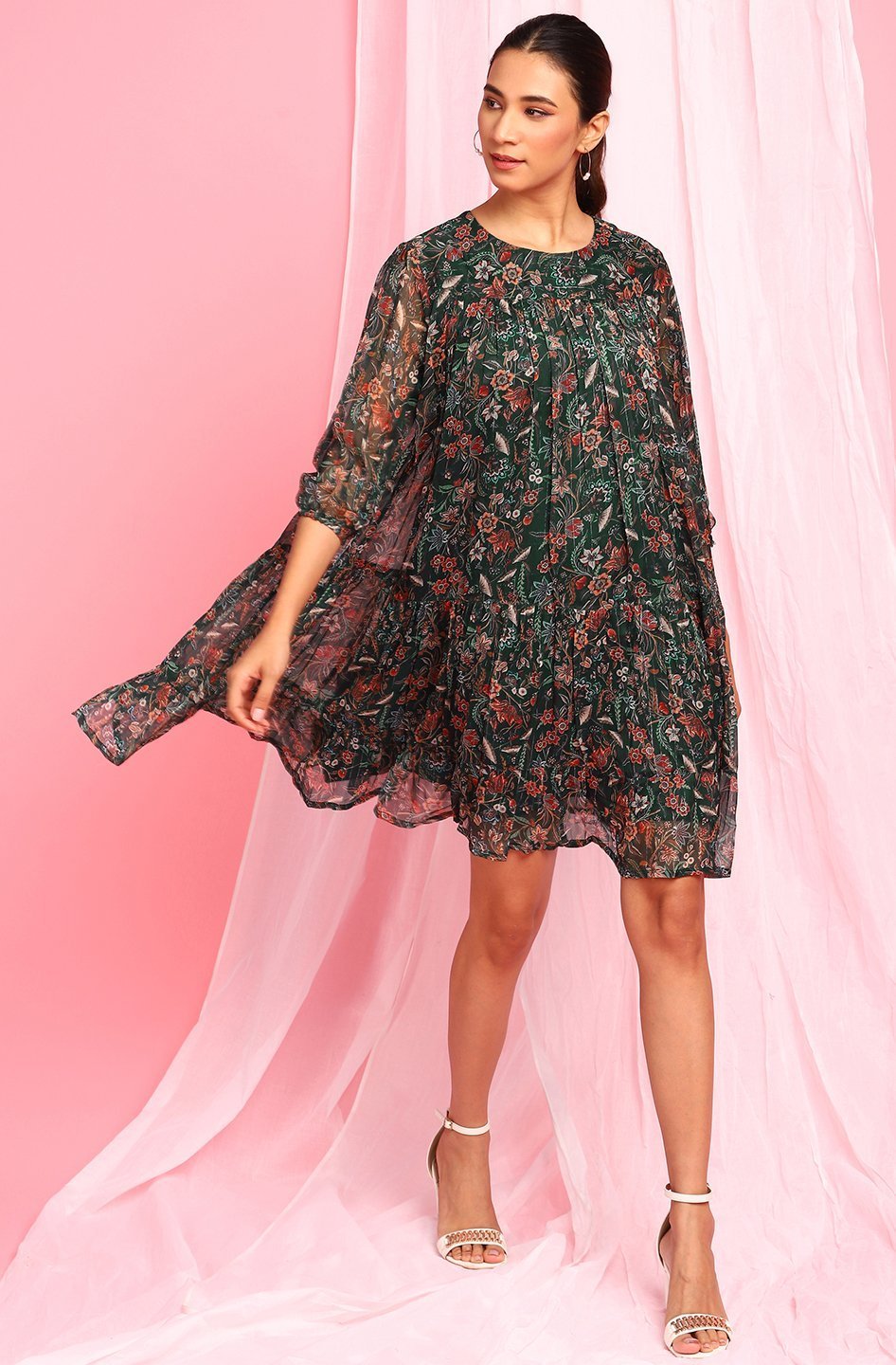 Women's Green Poly Georgette Western Dre