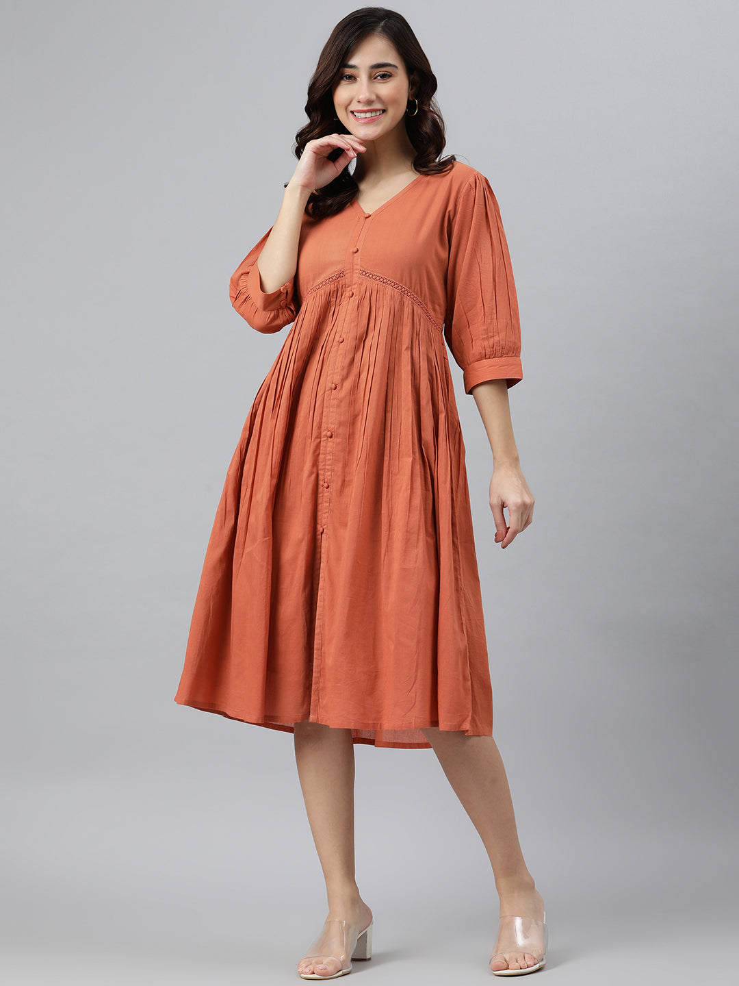 Janasya Women's Coral Orange Cotton Solid Flared Dress Coral Orange / 2XL