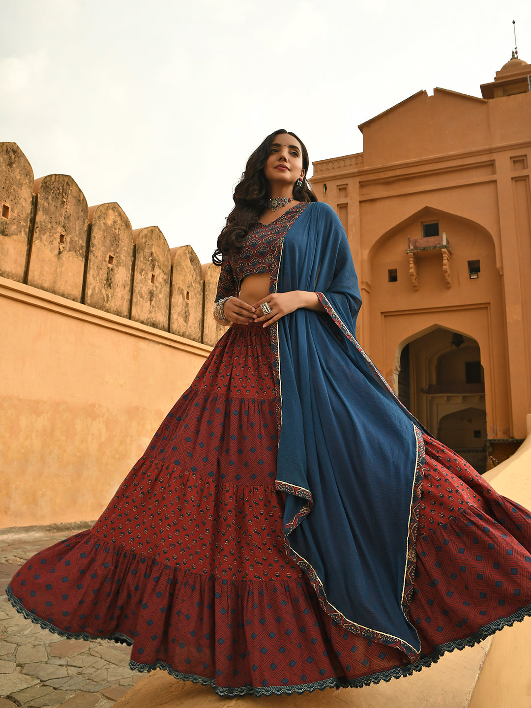 Women's Maroon Cotton Block Print Lehenga Choli With Dupatta, Maroon / XS