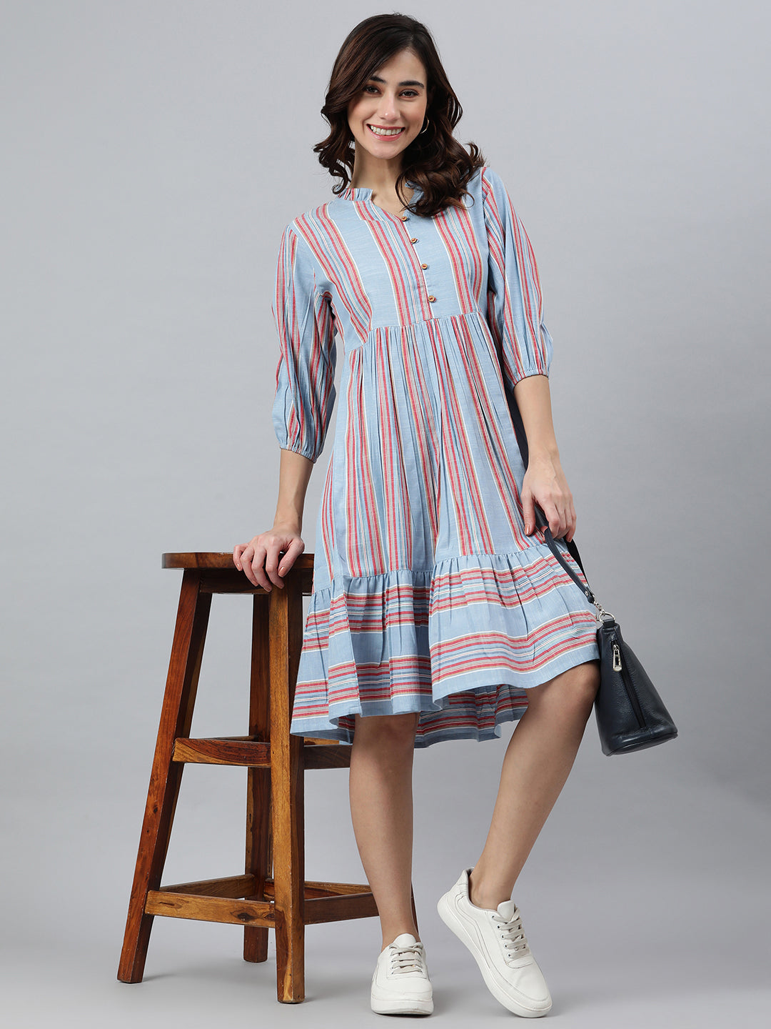 Women's Striped Sky Blue Cotton Blend Dress