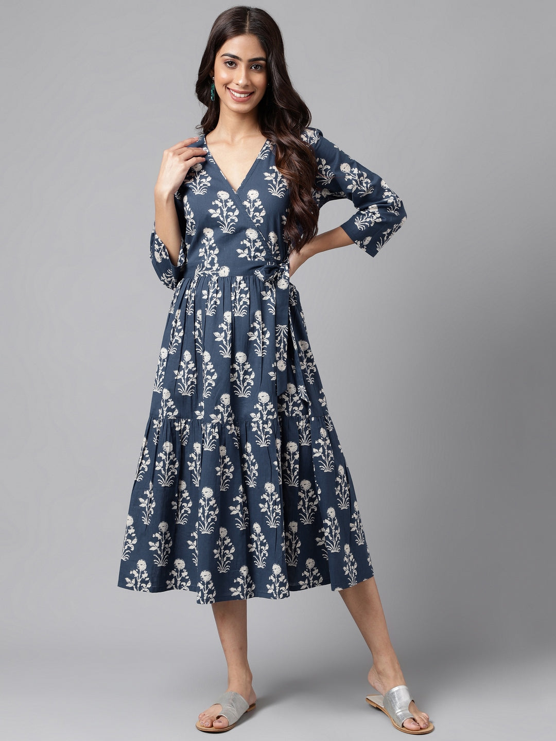 Women's Floral Printed Navy Blue Cotton Dress