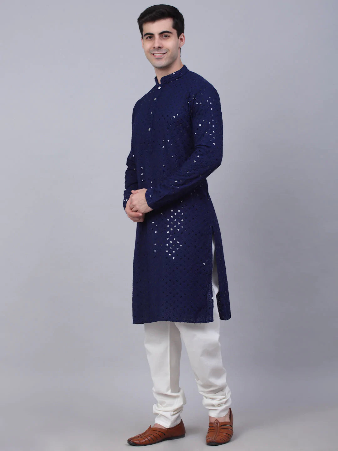 Men's Navy Blue Chikankari Embroidered and Sequence Kurta with Churidar ( JOKP 678 Navy )