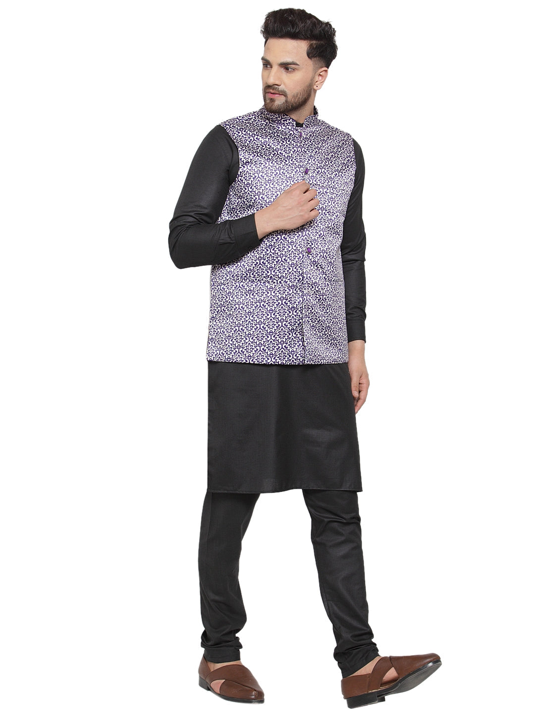 Men's Solid Cotton Kurta Pajama with Printed Waistcoat ( JOKP WC 4061 Purple-B )