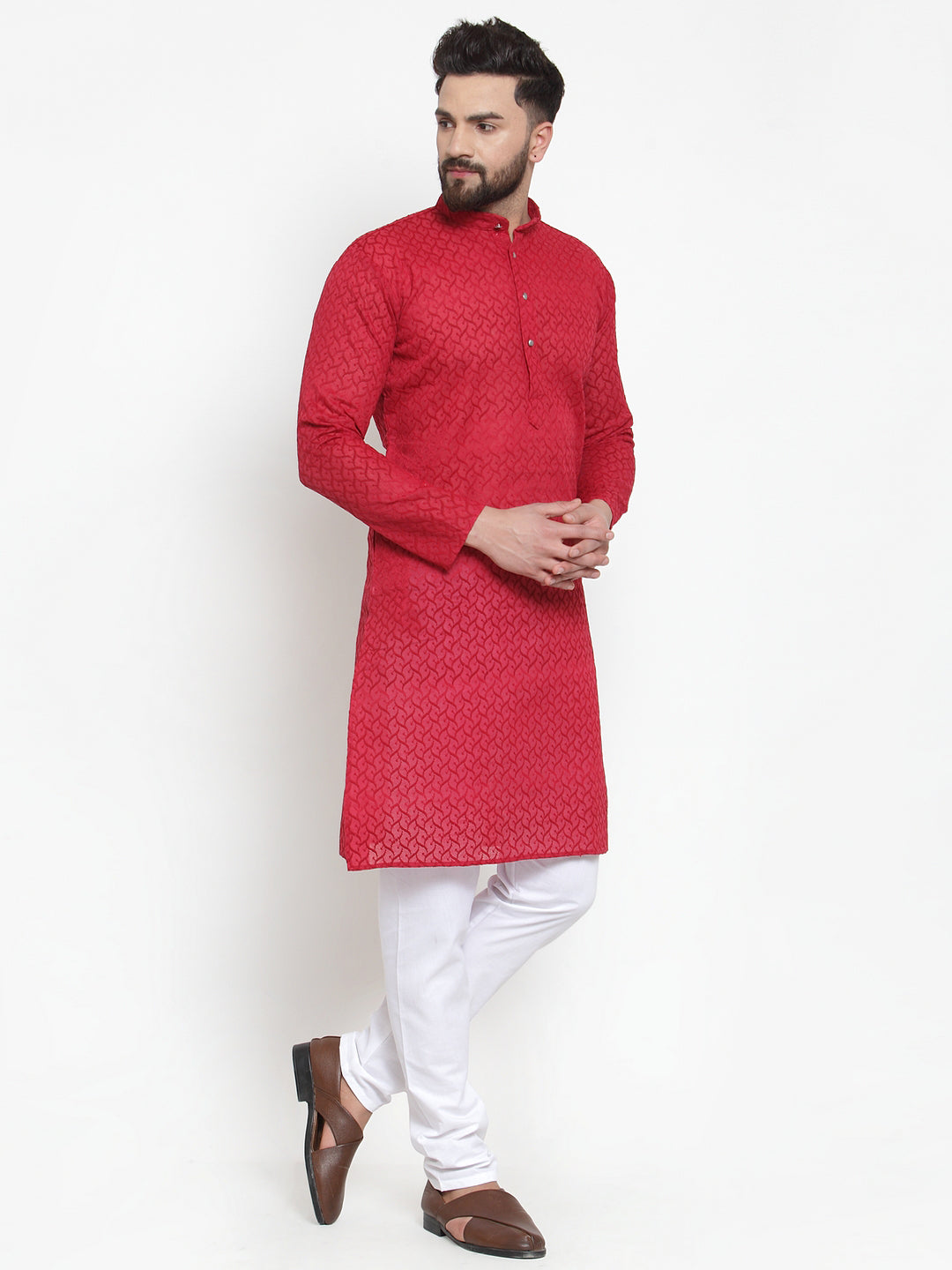 Men's Maroon Chikan Kurta With Churidar ( Jokp 561 Maroon )