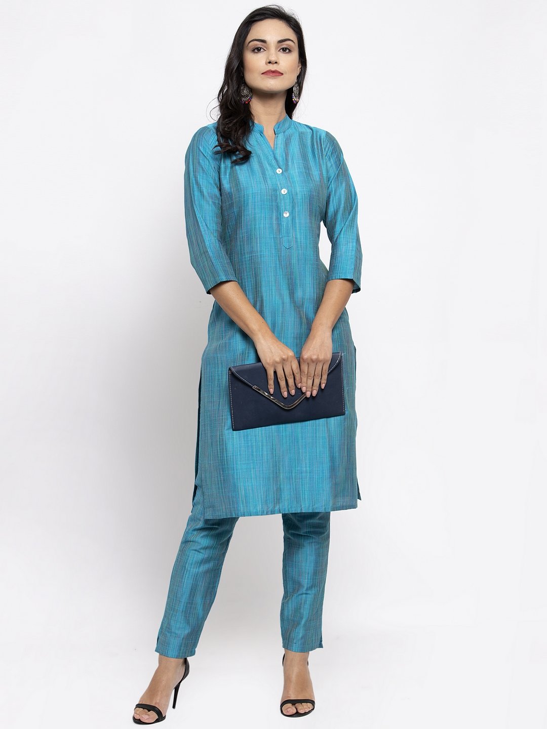 Women's Blue & Green Self Striped Kurta with Trousers
