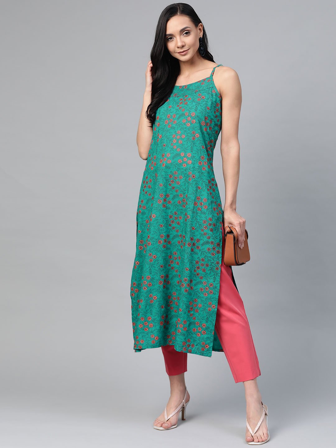 Women's Rama Green & Pink Printed Straight Kurta