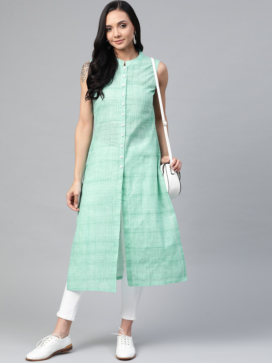 Women's Green Cotton Woven Design Straight Kurta