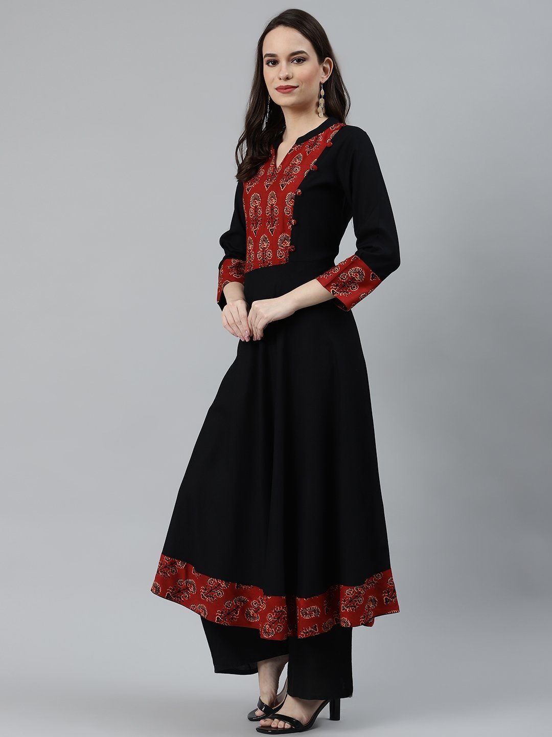Women's Black & Red Printed Yoke Design Anarkali Kurta