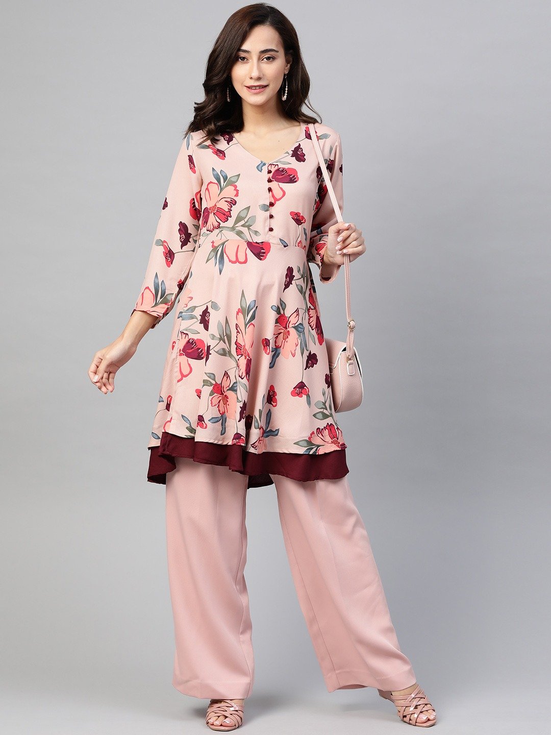Women's Peach & Maroon Floral Printed Floral Flared Kurta