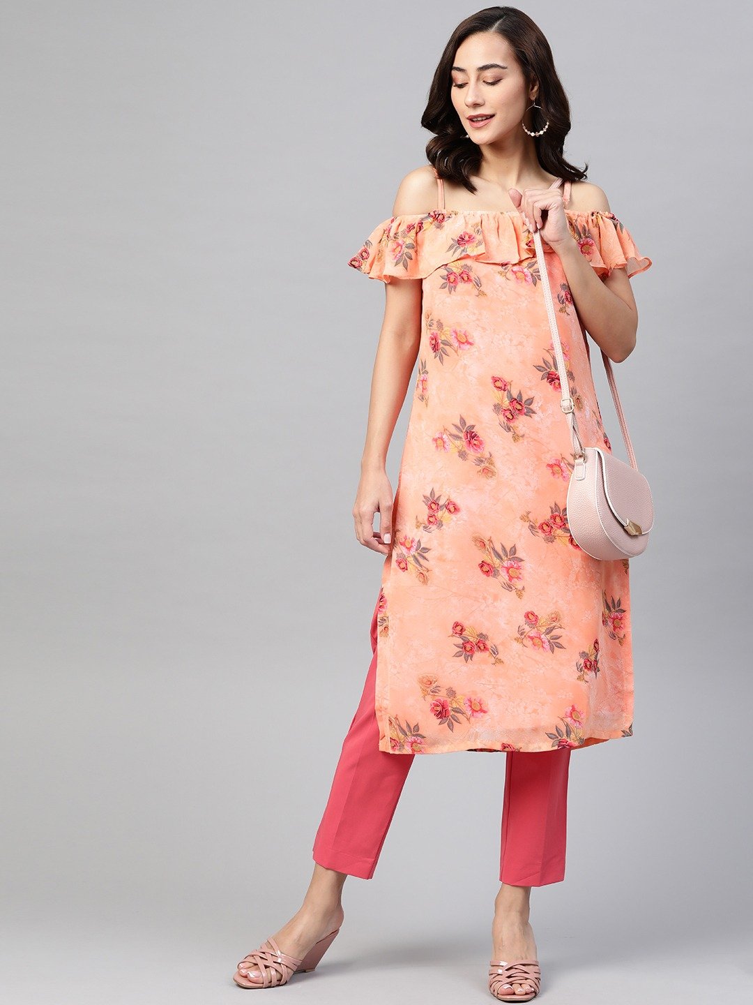 Women's Peach-Coloured & Grey Floral Print Off-Shoulder Straight Kurta ( JOK 1397 Orange )