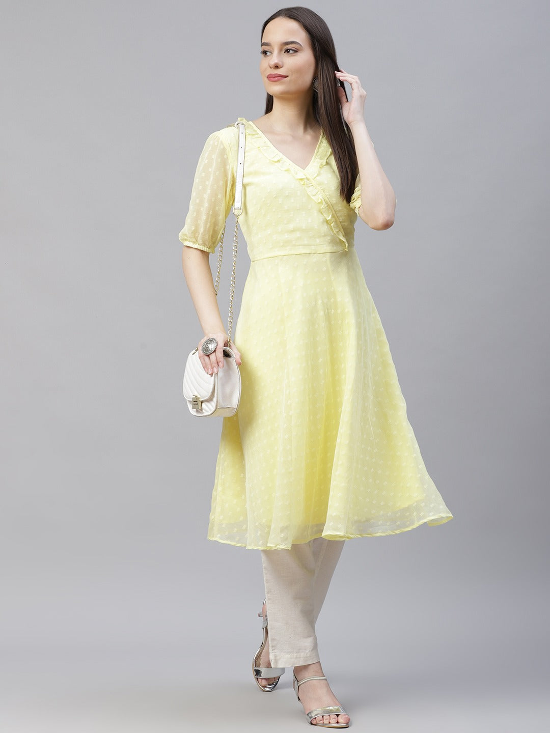 Women's Yellow Woven Design Flared Kurta ( JOK 1403 Yellow )