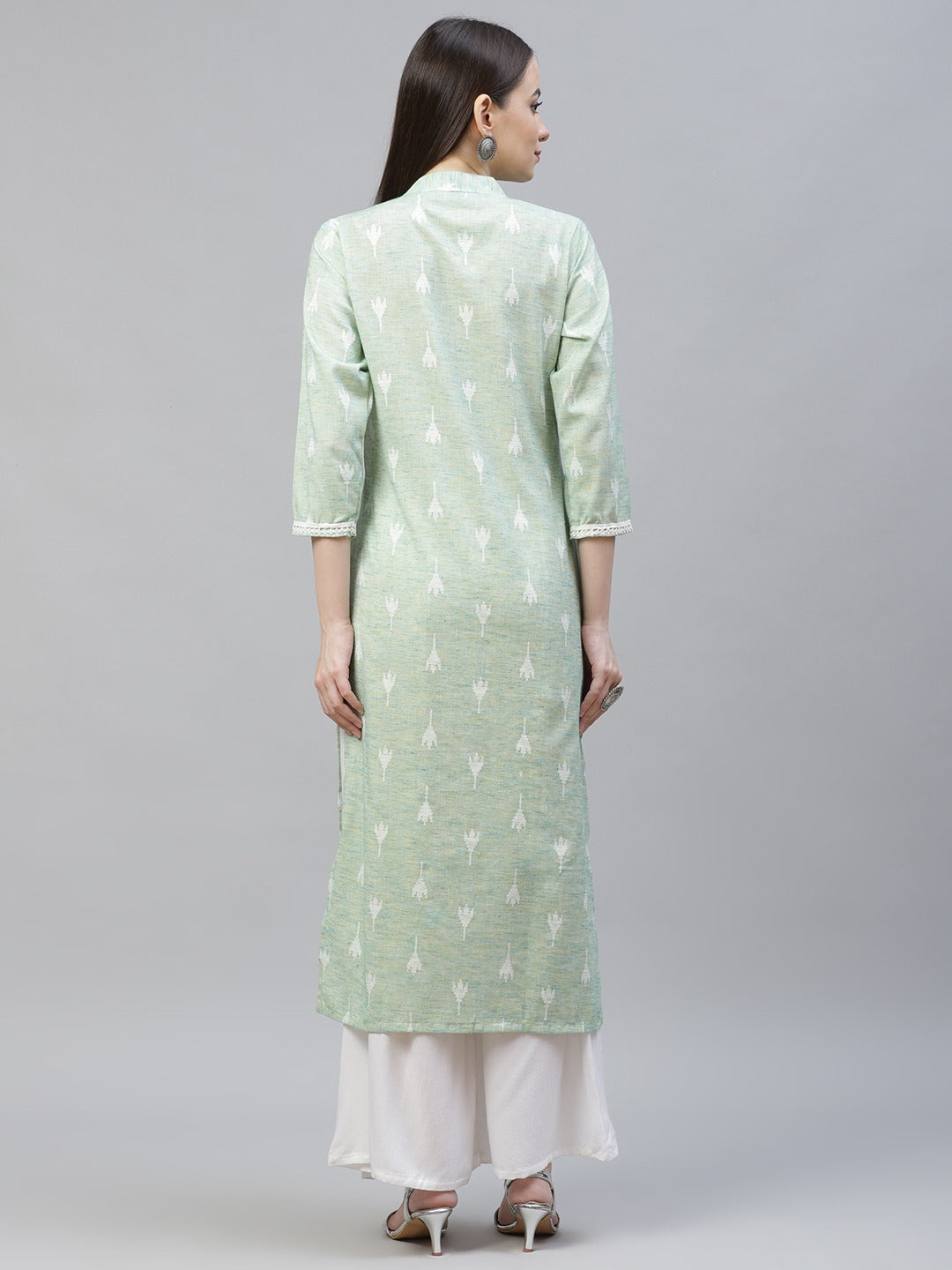 Women's Green Ethnic Motifs Ikat Kurta with lace work ( JOK 1404 Green )