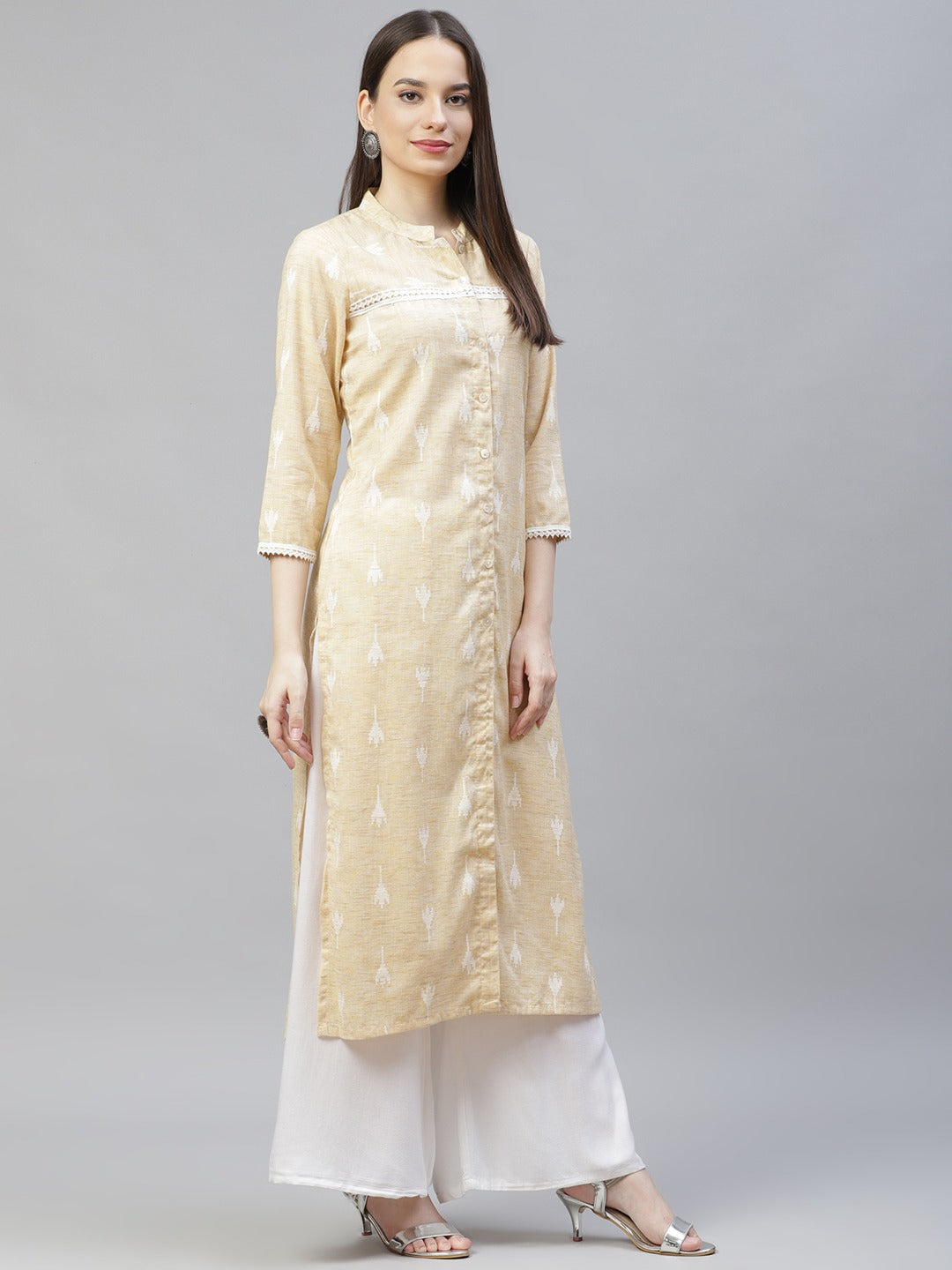 Women's Yellow Ethnic Motifs Ikat Kurta with lace work ( JOK 1404 Yellow )