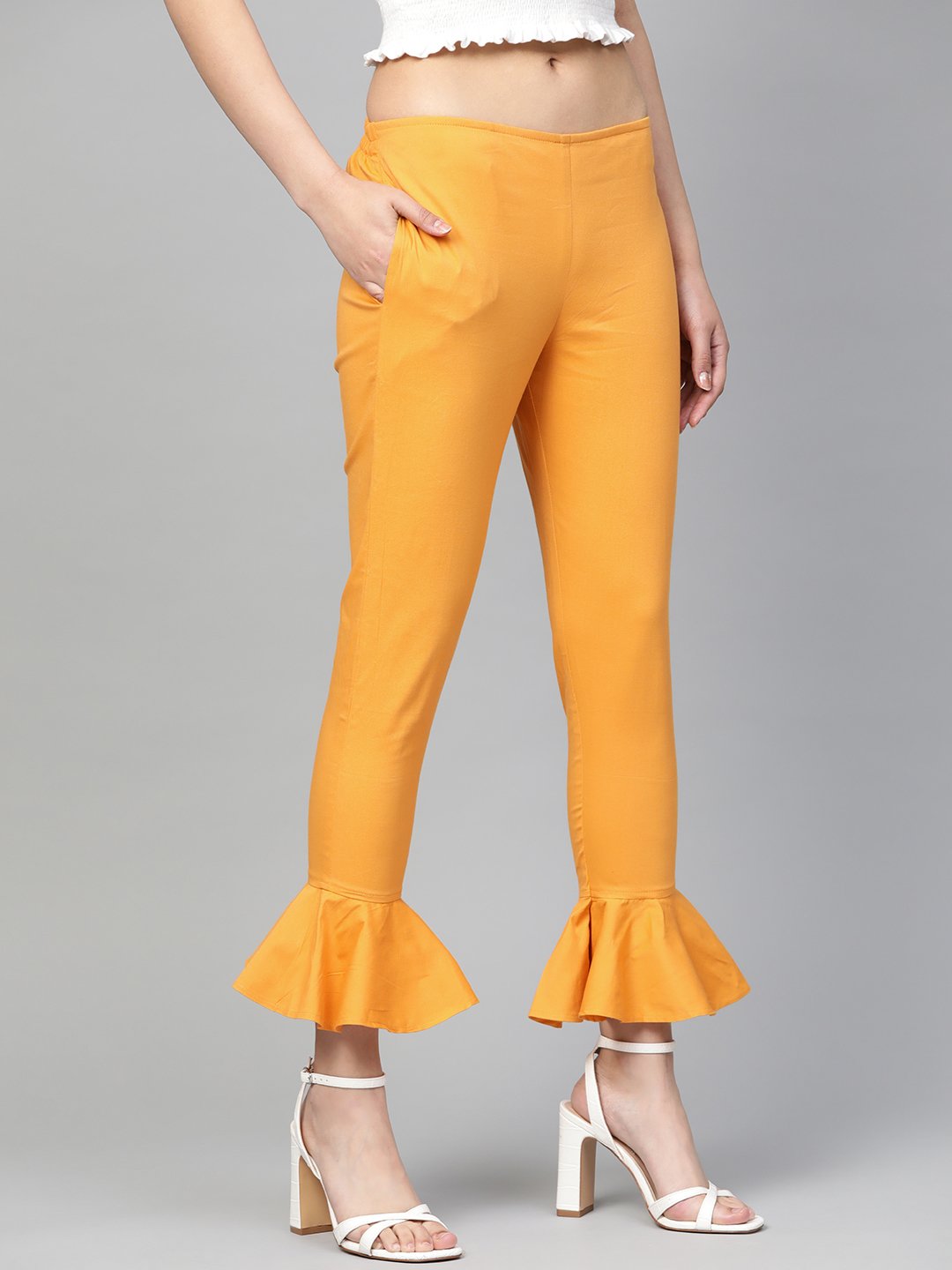 Women's Mustard Smart Fit Solid Bottom Flared Trousers