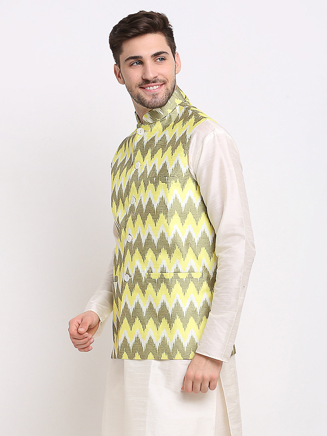 Men's Olive Ikat Printed Nehru Jacket ( JOWC 4030Multi-Olive )