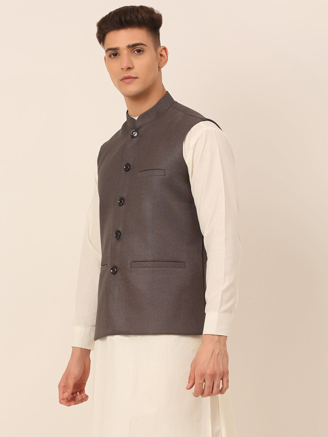 Men's Charcoal Grey Solid Woven Sleeveless Nehru Jackets ( Jowc 4046 Charcoal )