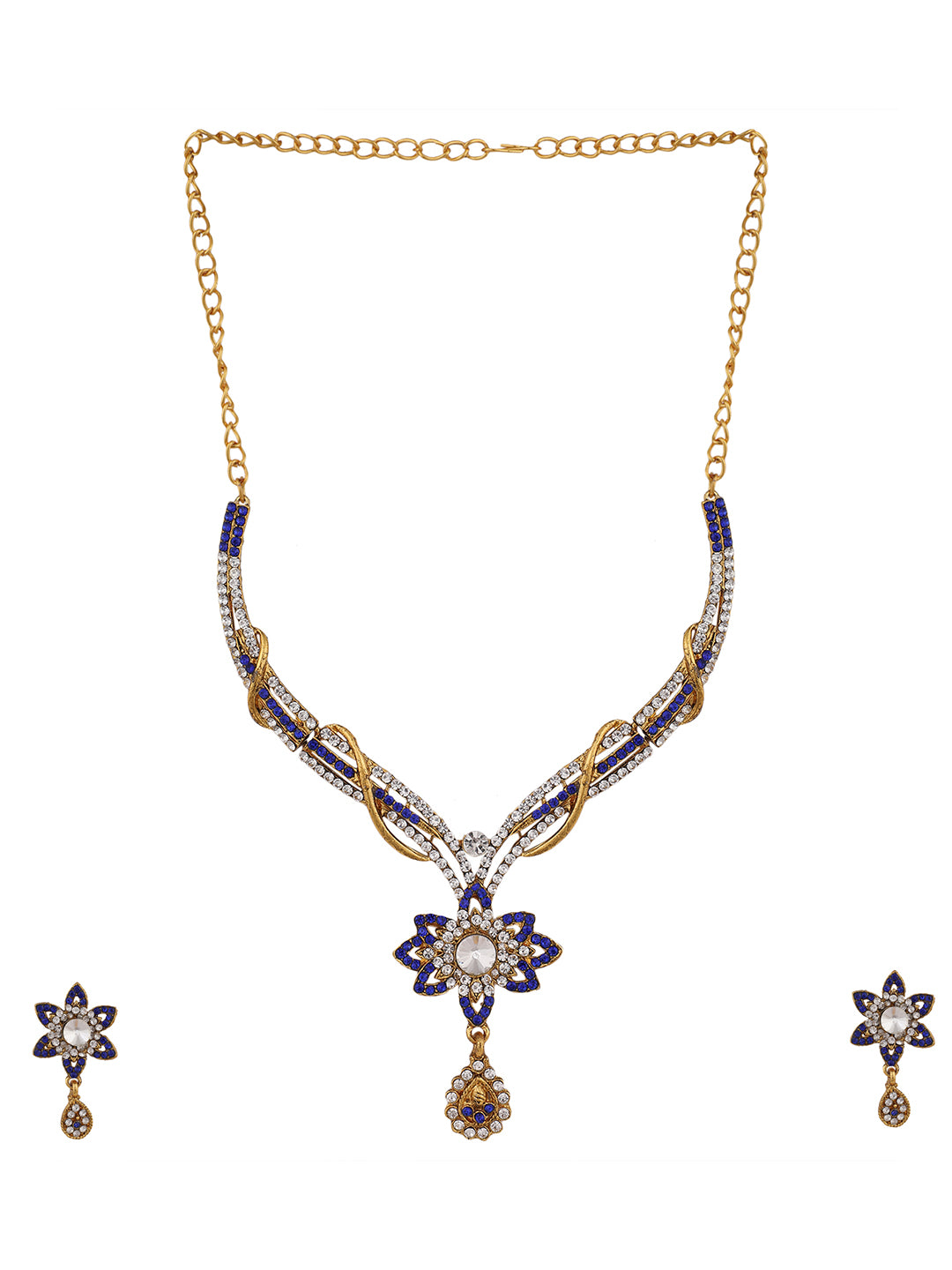 Women's Gold Plated Blue & White Stone Studded Jewellery Set
