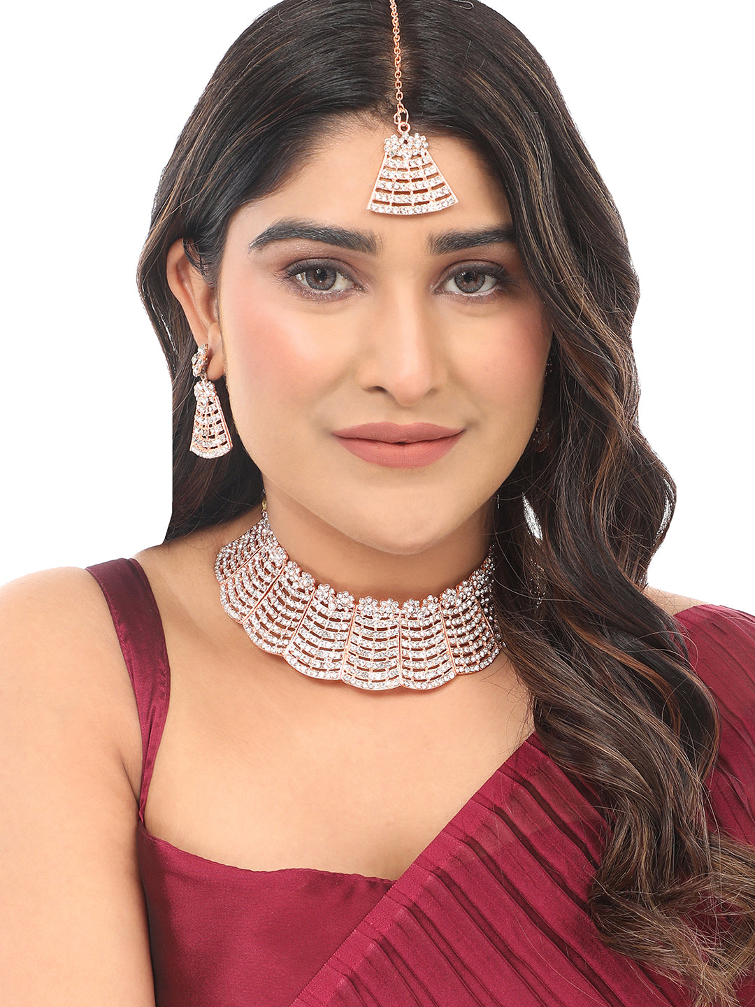 Women's Rose Gold Plated Rose Gold Toned Ad Studded Bridal Jewellery Set