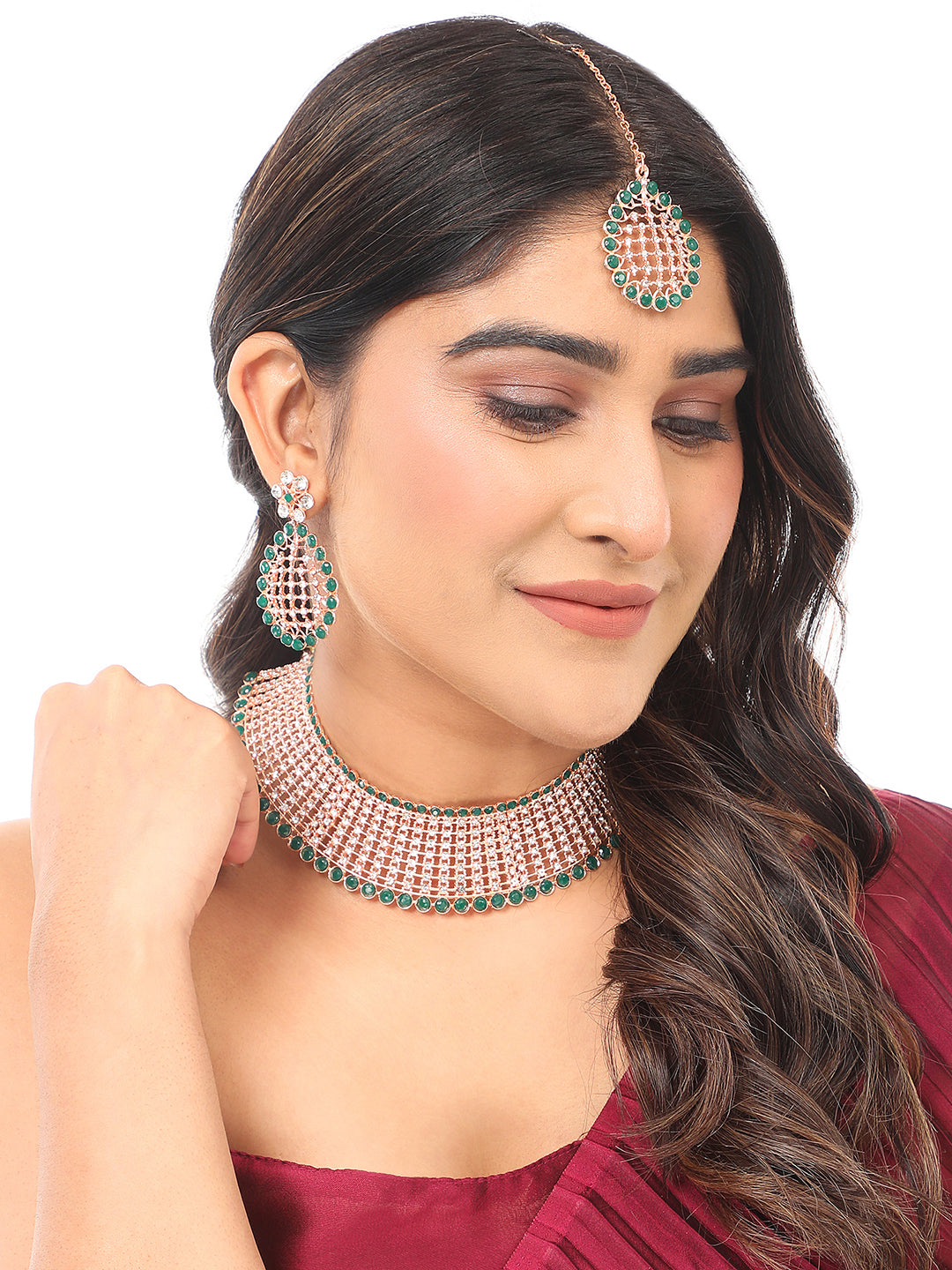 Women's Gold-Plated & Green Ad-Studded & Stylish Jewellery Set With Earring Maangtika