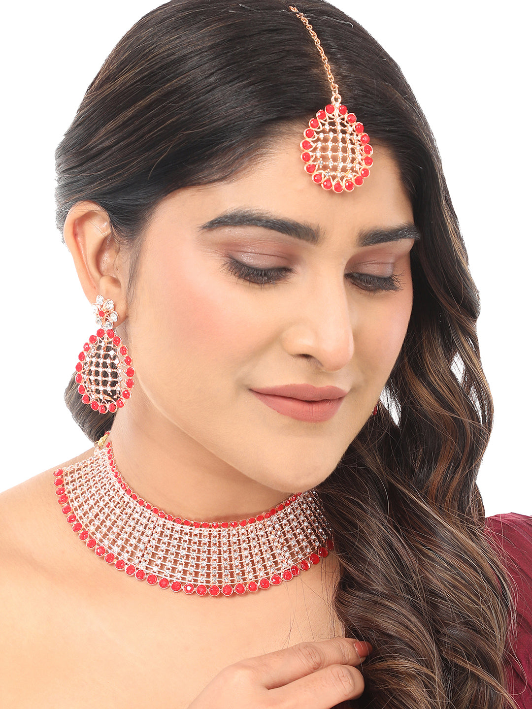 Women's Gold-Plated & Red Ad-Studded & Stylish Jewellery Set With Earring Maangtika