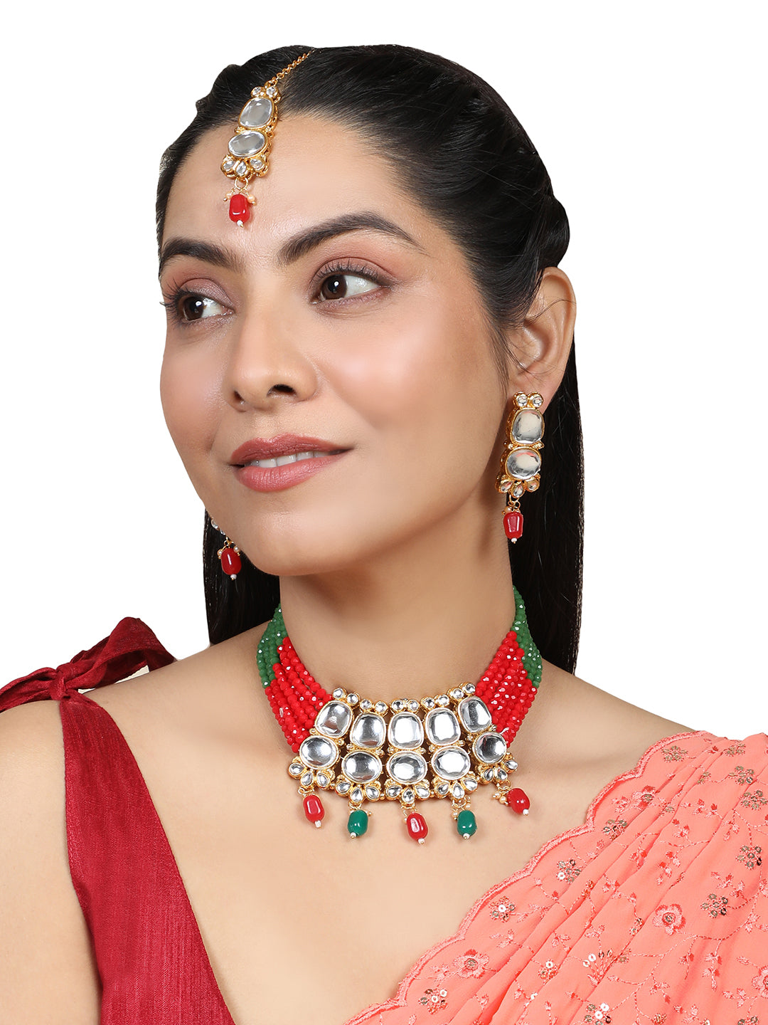 Women's/Girls Traditonal Gold Plated Two Layered Uncut Kundan Studded With Multicolor Pearl Layered Necklace Set With Earrings And Maangtikka Set