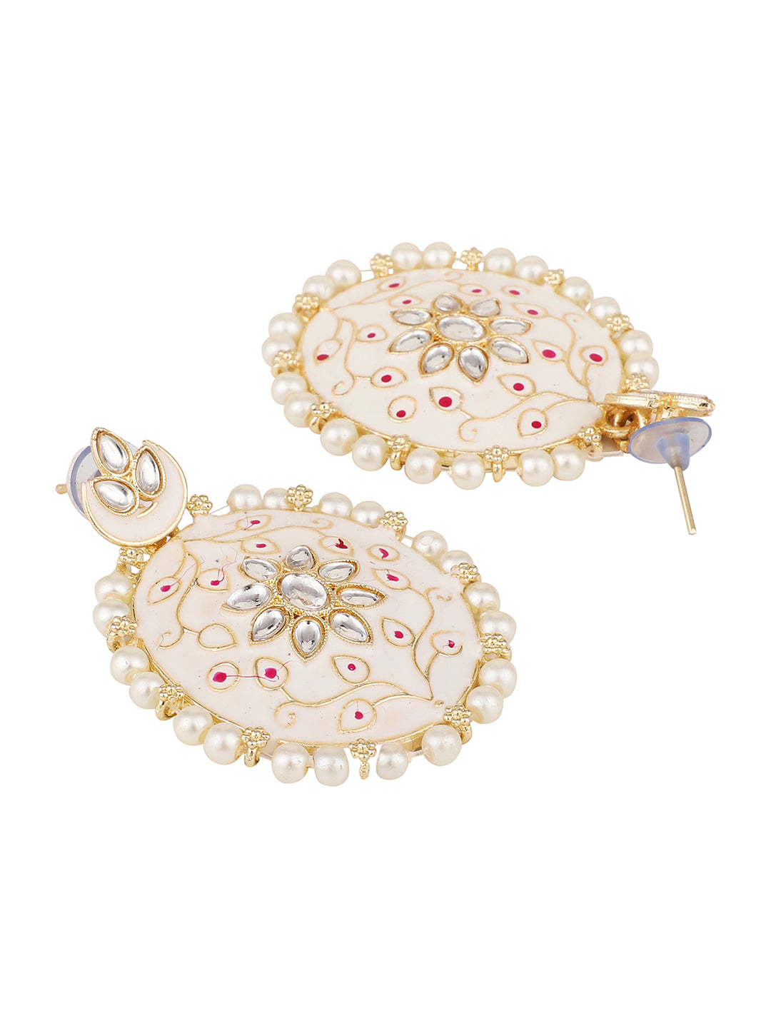 Women's/Girls Traditonal Gold Plated Enameled White Colored Oval Shaped Pearl Layeed Choker Set With Earrings And Maangtikka Set