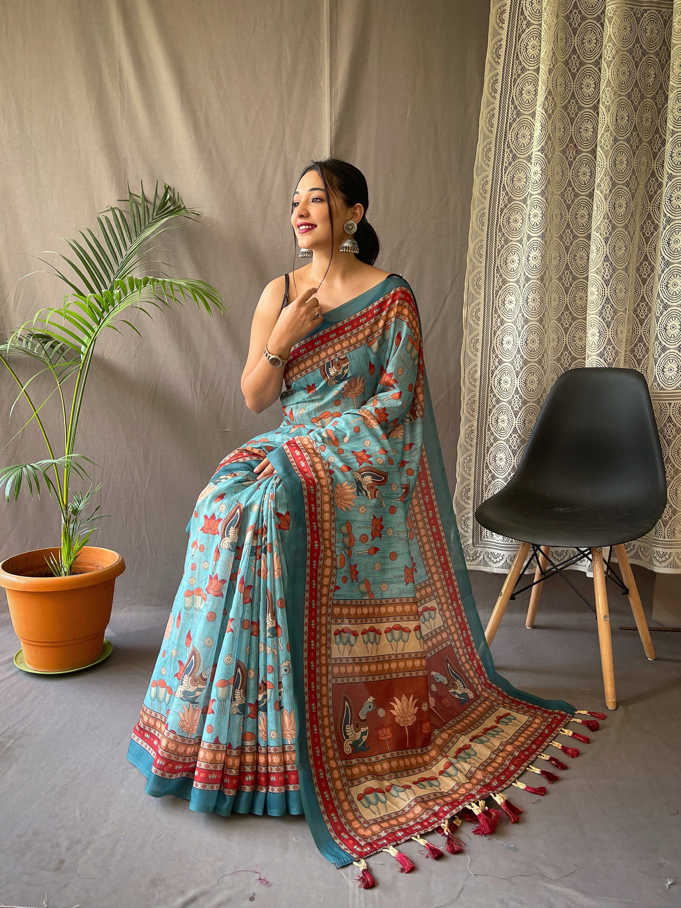 Women's Blue Color Kadambari Cotton Kalamkari Printed Saree Blue