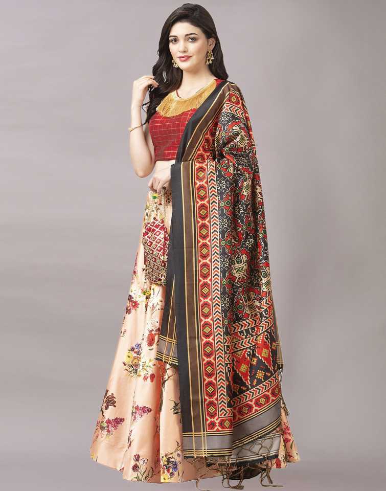 Women's Digital Print Shiney Satin Semistitched Lehenga Choli With Unstitched Blouse And Thred Work Dupatta
