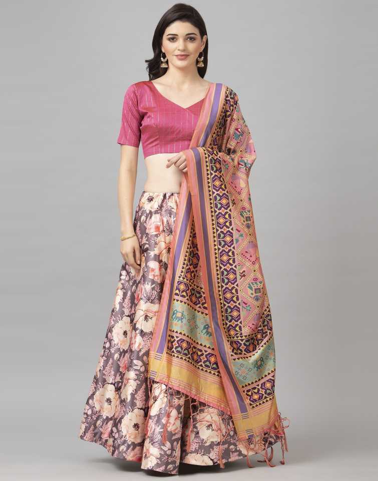 Women's Digital Print Shiney Satin Semistitched Lehenga Choli With Unstitched Blouse And Thred Work Dupatta
