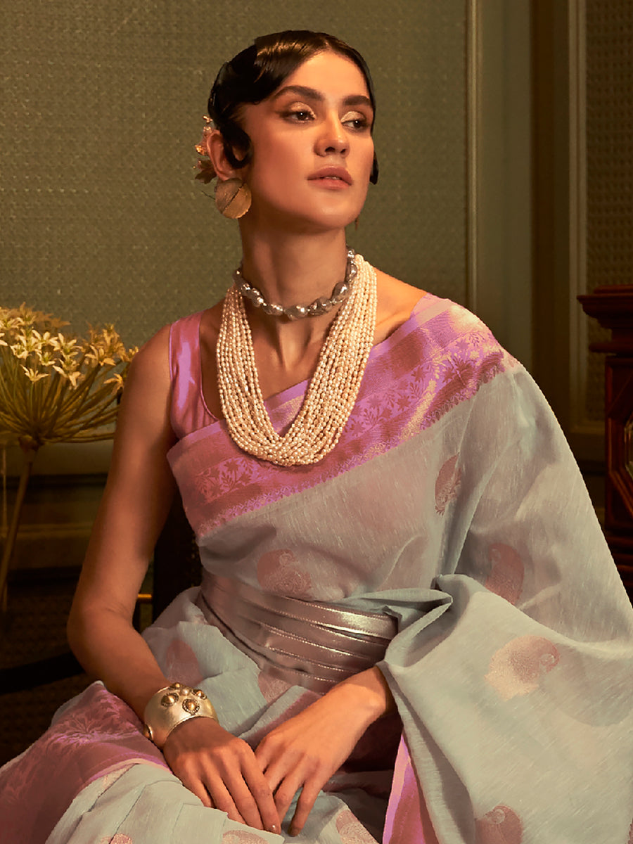 Women's Viscose Light Blue Woven Design Designer Saree With Blouse Piece