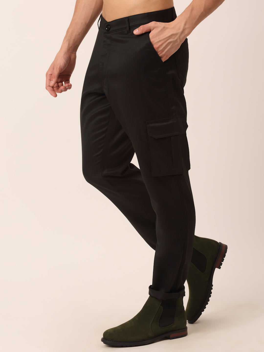 Men's Casual Cotton Solid Cargo Pants ( KGP 154 Black )