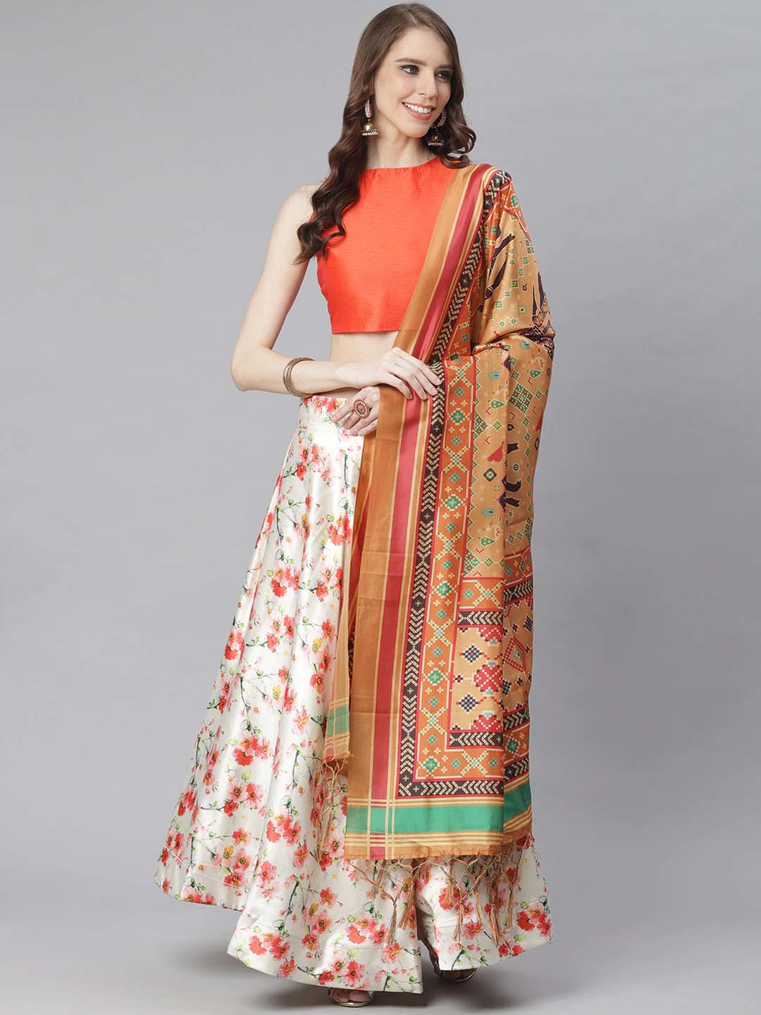 Women's Digital Print Shiney Satin Semistitched Lehenga Choli With Unstitched Blouse And Thred Work Dupatta