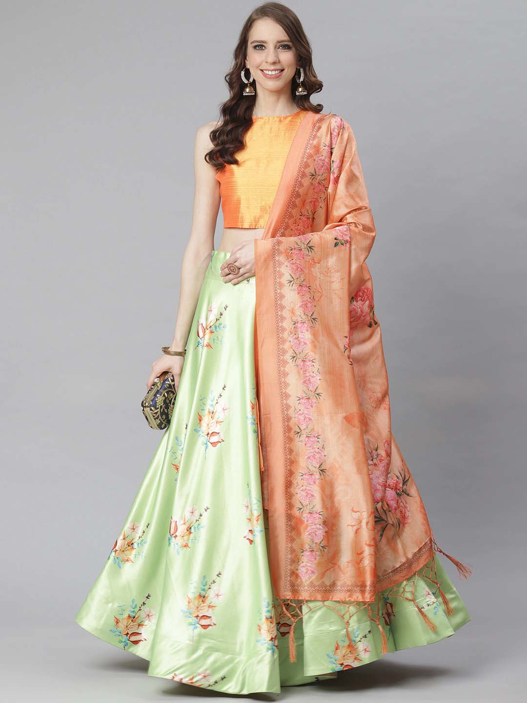 Women's Digital Print Shiney Satin Semistitched Lehenga Choli With Unstitched Blouse And Thred Work Dupatta