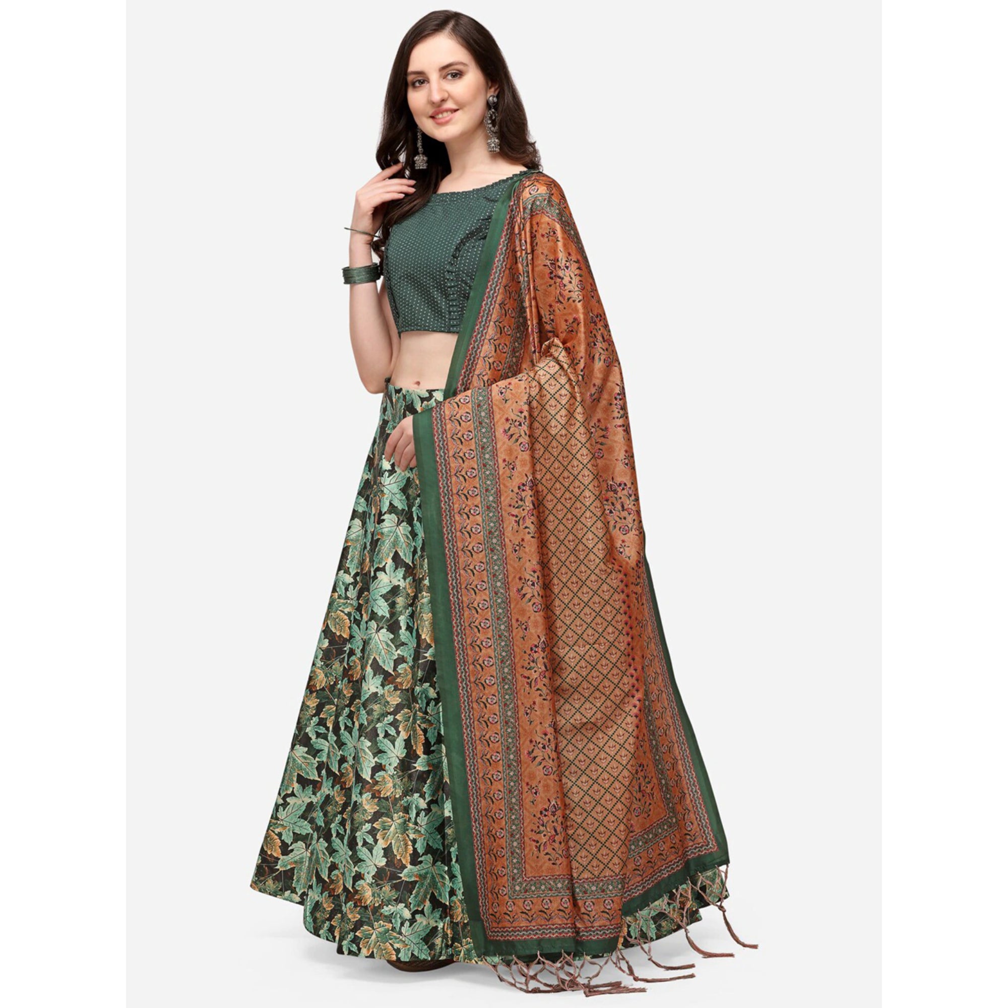 Women's Digital Print Shiney Satin Semistitched Lehenga Choli With Unstitched Blouse And Thred Work Dupatta