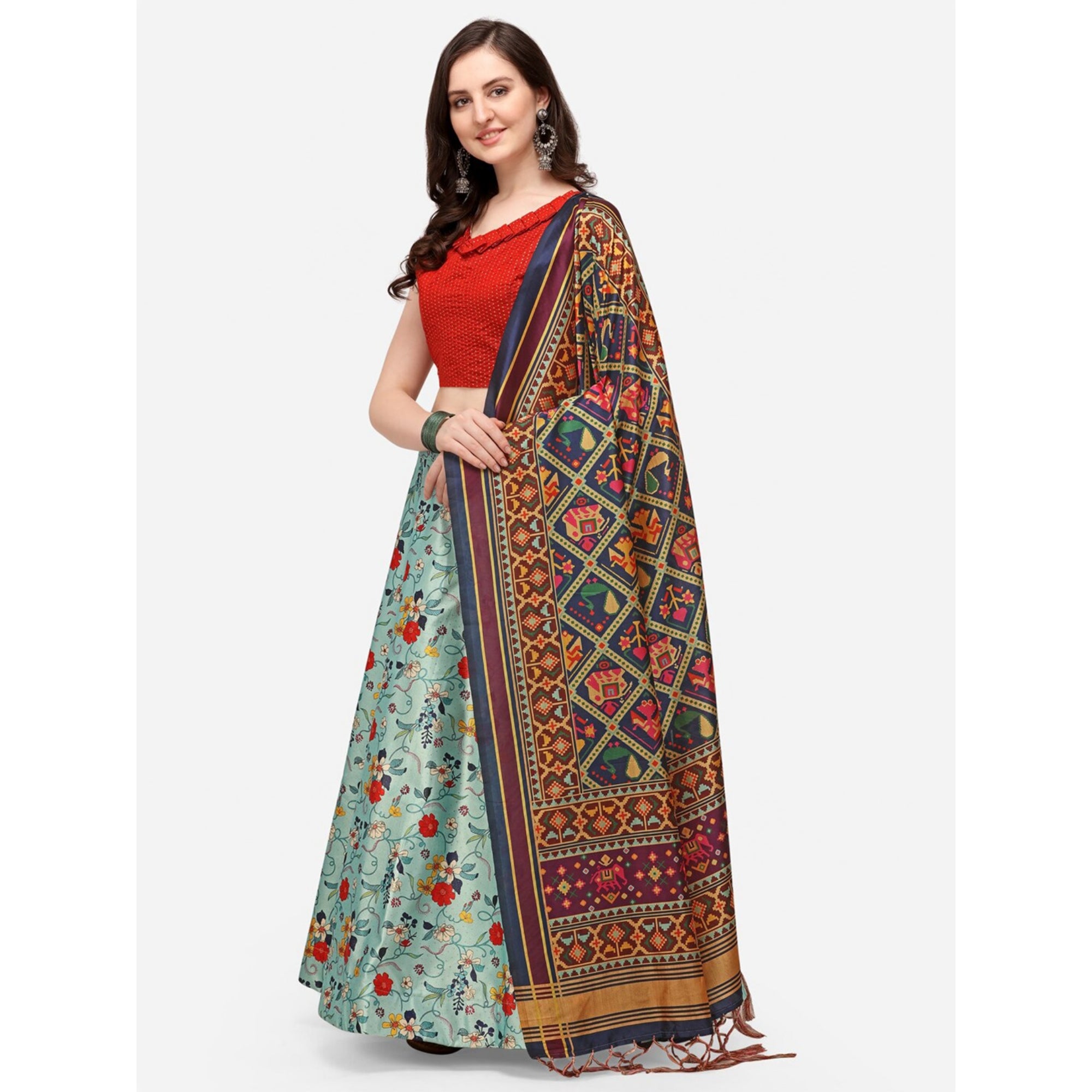 Women's Digital Print Shiney Satin Semistitched Lehenga Choli With Unstitched Blouse And Thred Work Dupatta