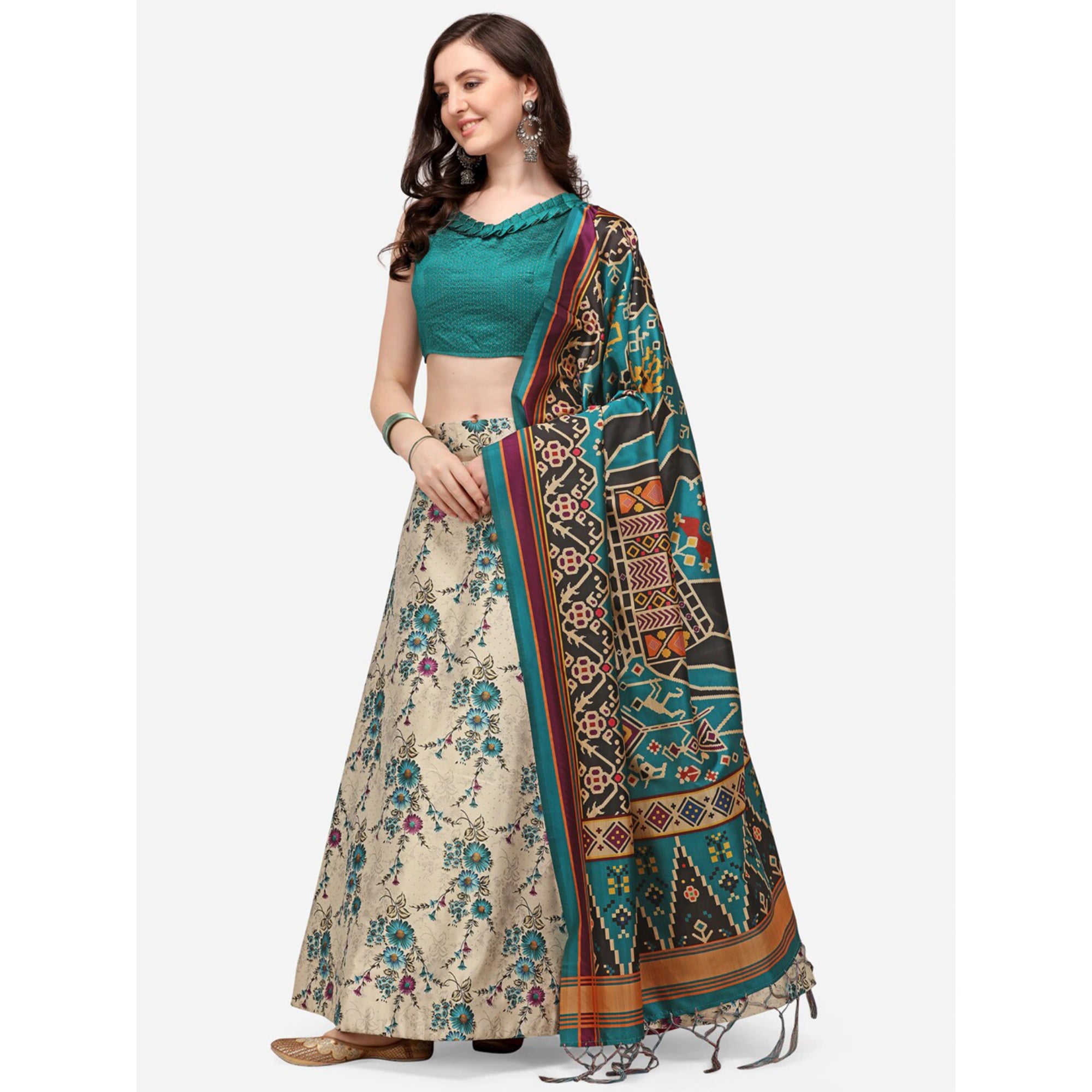 Women's Digital Print Shiney Satin Semistitched Lehenga Choli With Unstitched Blouse And Thred Work Dupatta
