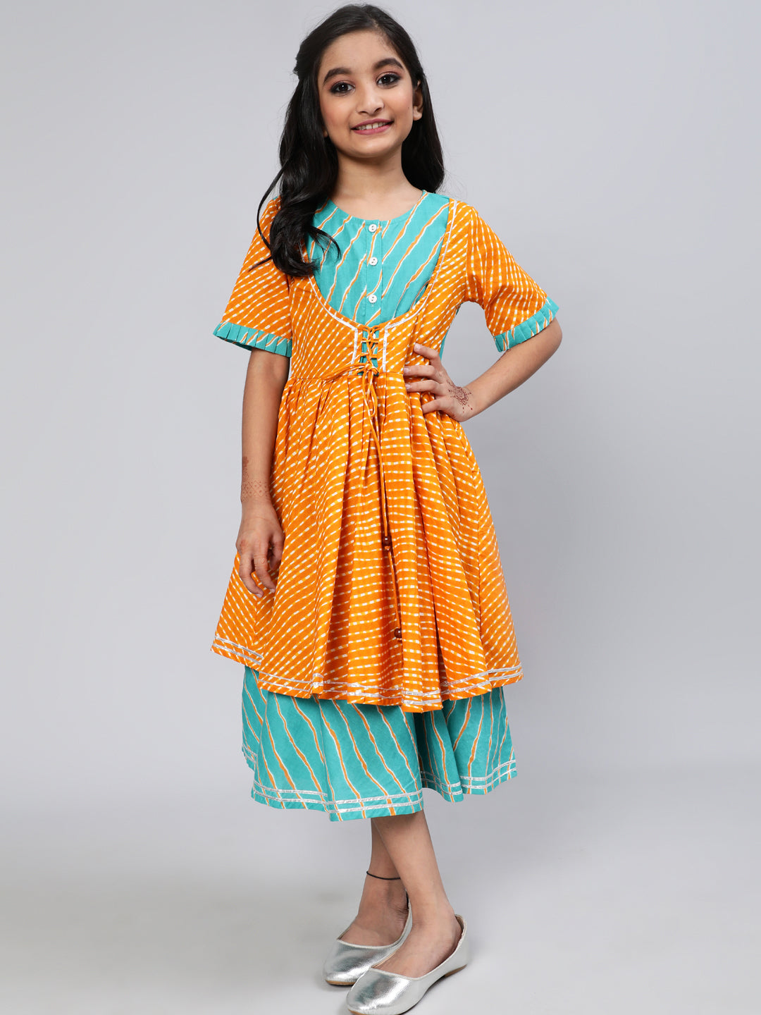 Girl's Mustard & Blue Leheriya Print Layered Dress