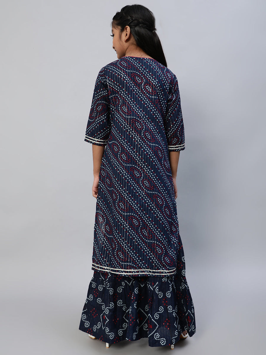 Girl Bandhani Print Kurta Pants Set-Blue
