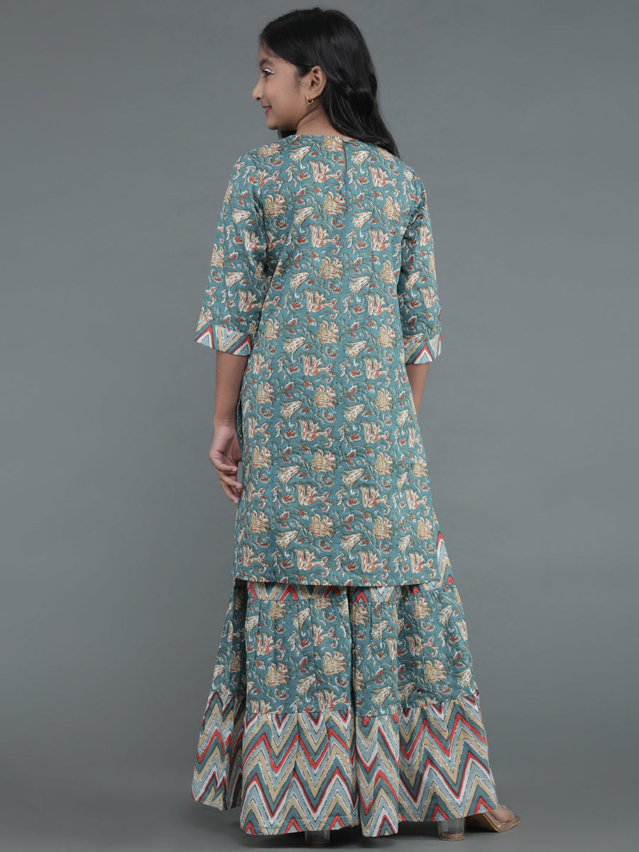 Girls Floral Printed Flared Kurta and Sharara