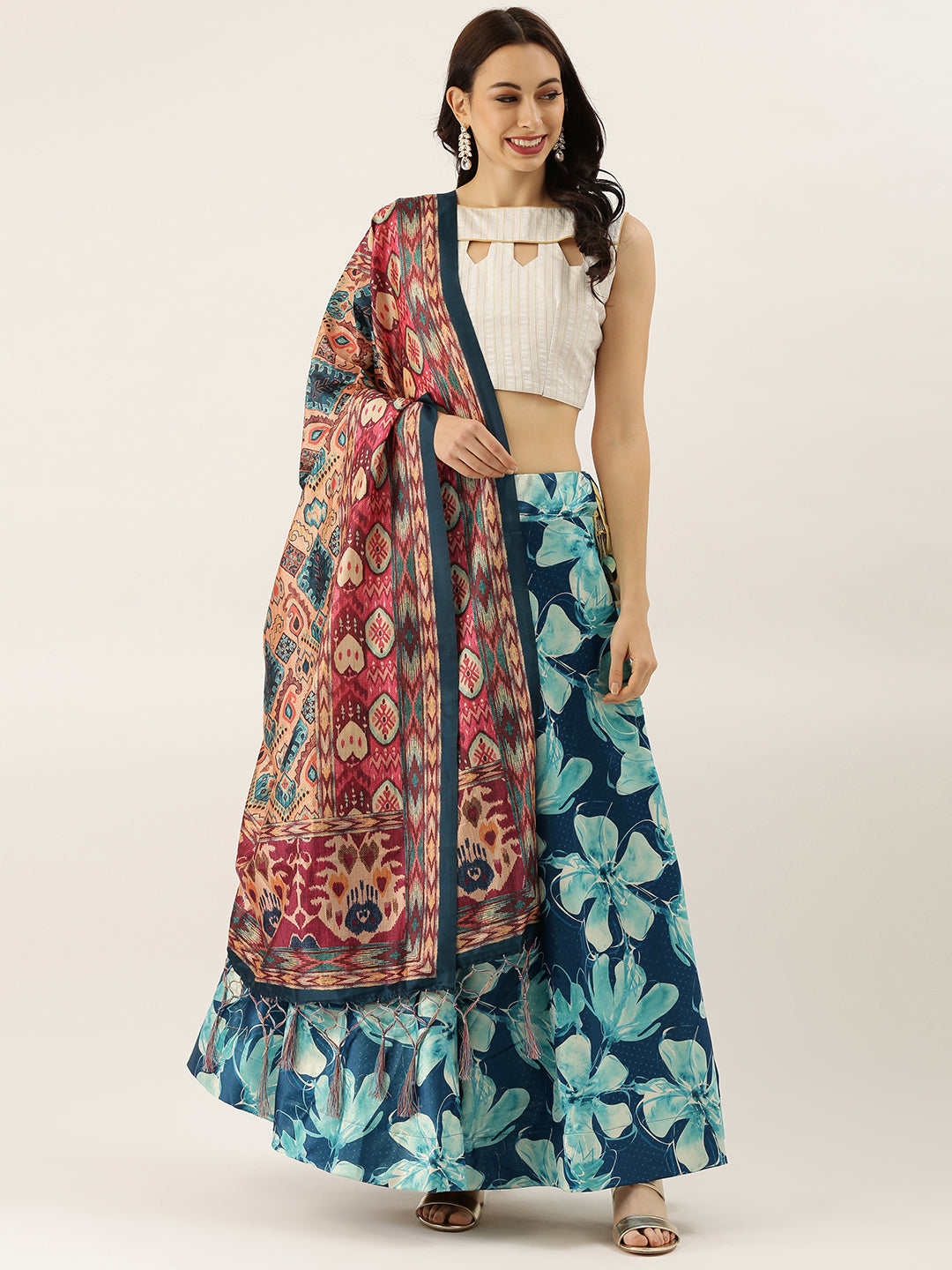 Women's Digital Print Shiney Satin Semistitched Lehenga Choli With Unstitched Blouse And Thred Work Dupatta