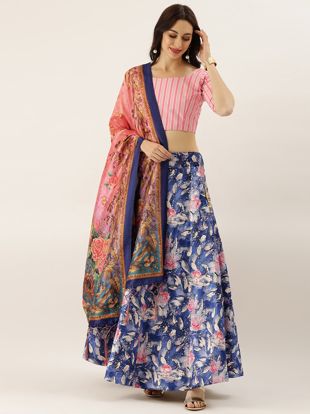 Women's Digital Print Shiney Satin Semistitched Lehenga Choli With Unstitched Blouse And Thred Work Dupatta