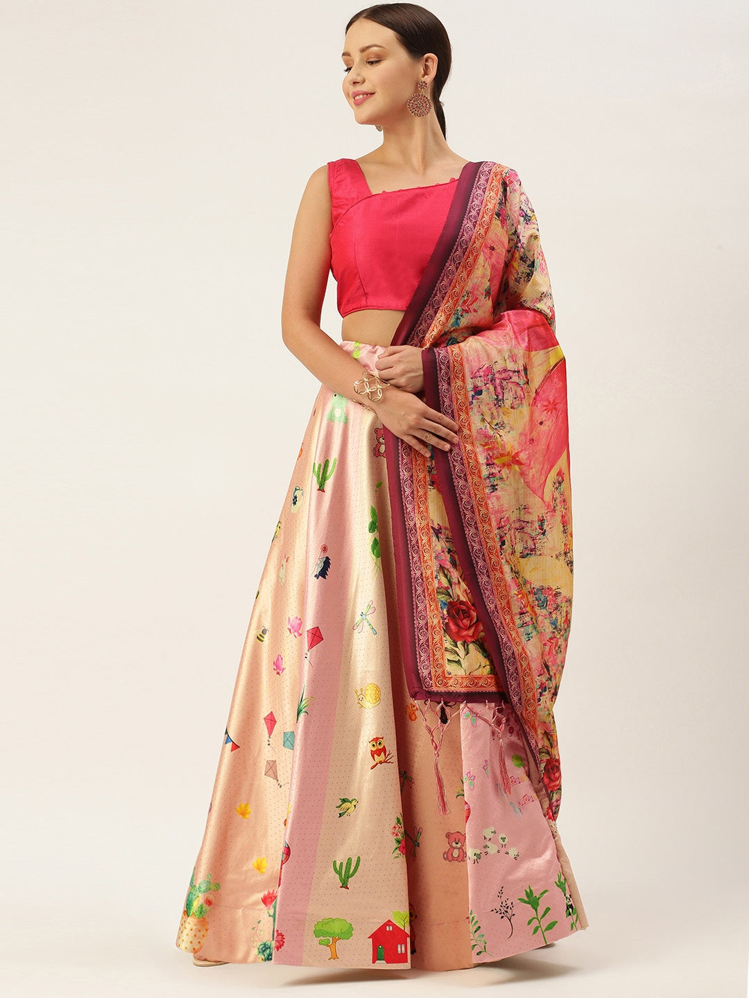 Women's Digital Print Shiney Satin Semistitched Lehenga Choli With Unstitched Blouse And Thred Work Dupatta