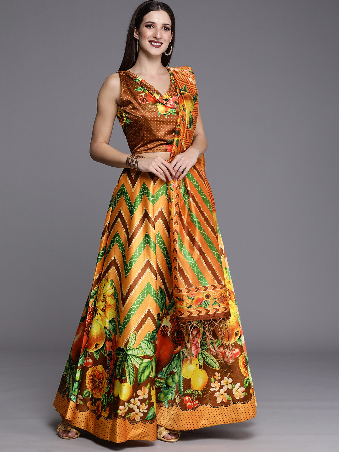 Women's Digital Print Shiney Satin Semistitched Lehenga Choli With Unstitched Blouse And Thred Work Dupatta