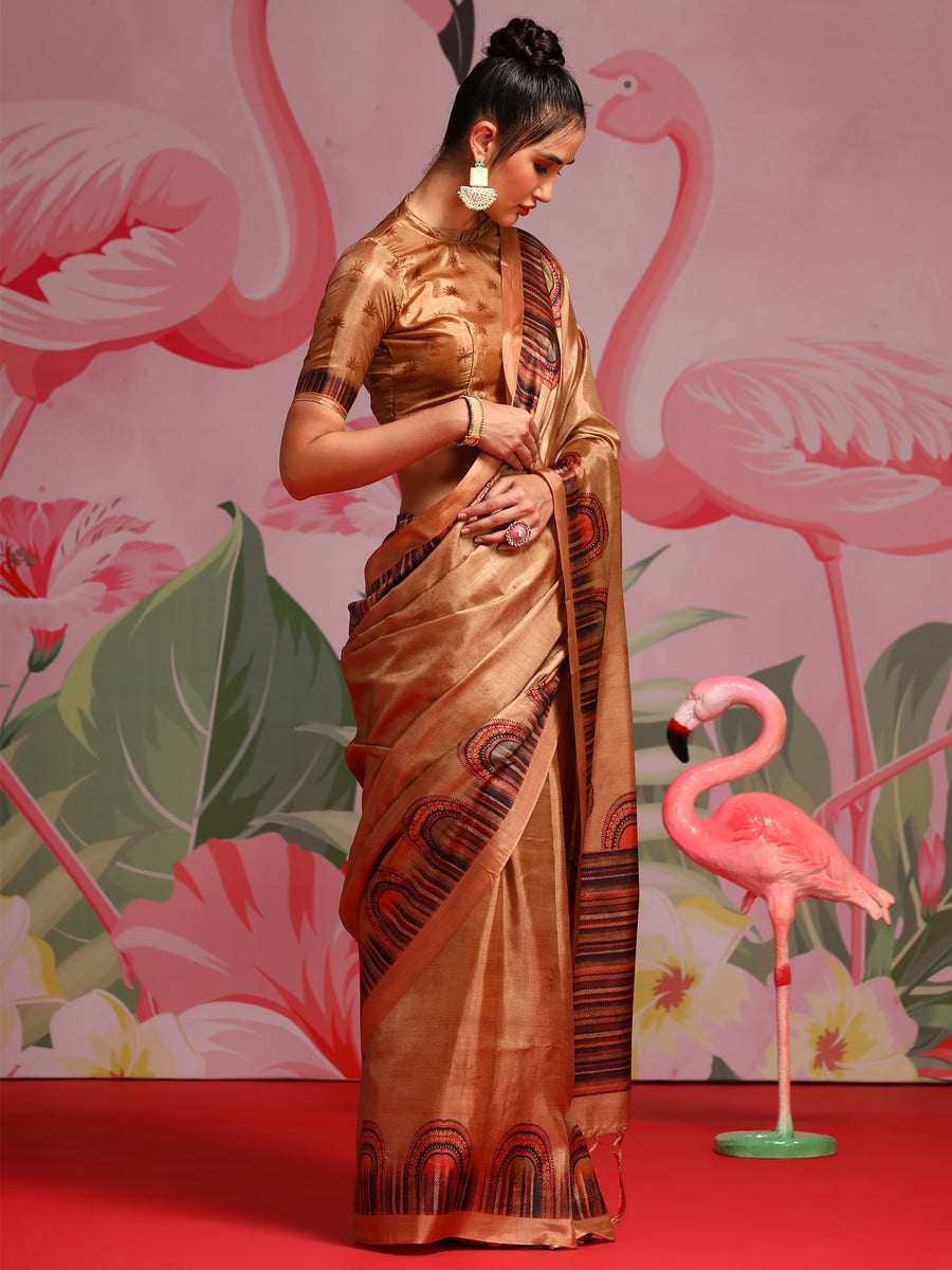 Women's Crepe Beige Printed Designer Saree With Blouse Piece