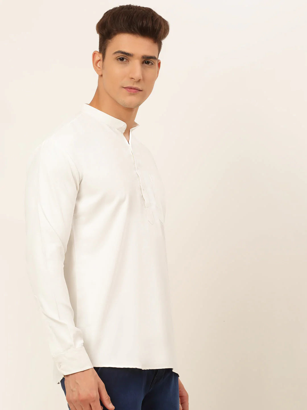 Men's White Solid Cotton Short Kurta ( KO 677 White )
