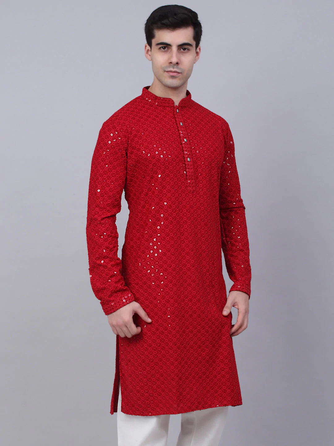 Men's Maroon Chikankari Embroidered and Sequence Kurta Only ( KO 678 Maroon )