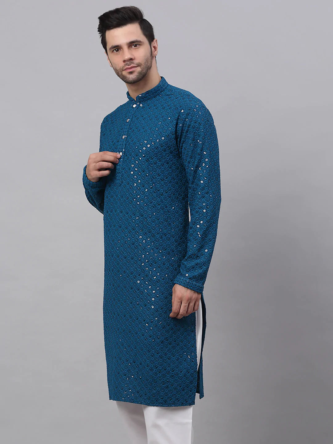 Men's Blue Chikankari Embroidered and Sequence Kurta Only ( KO 678 Peacock )