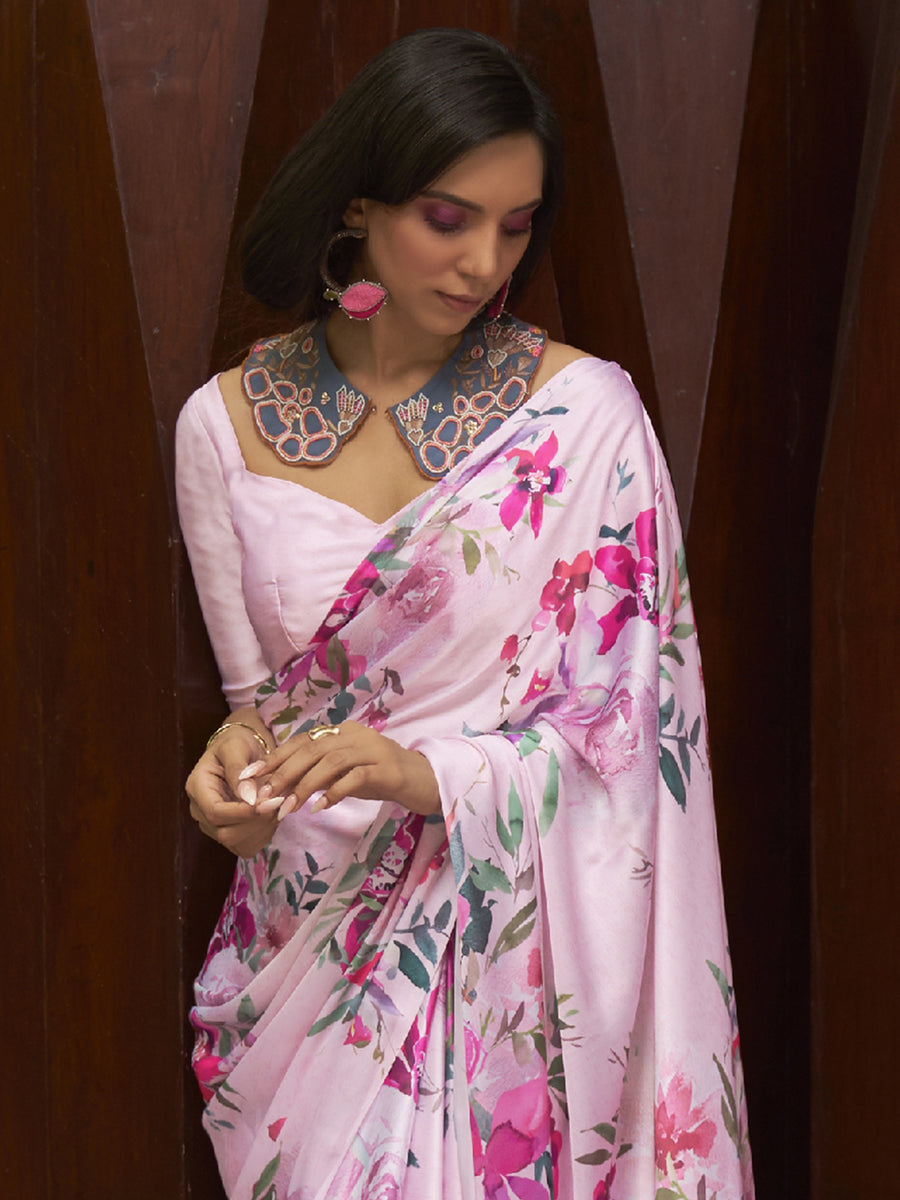 Women's Cotton Silk Pink Printed Celebrity Saree With Blouse Piece