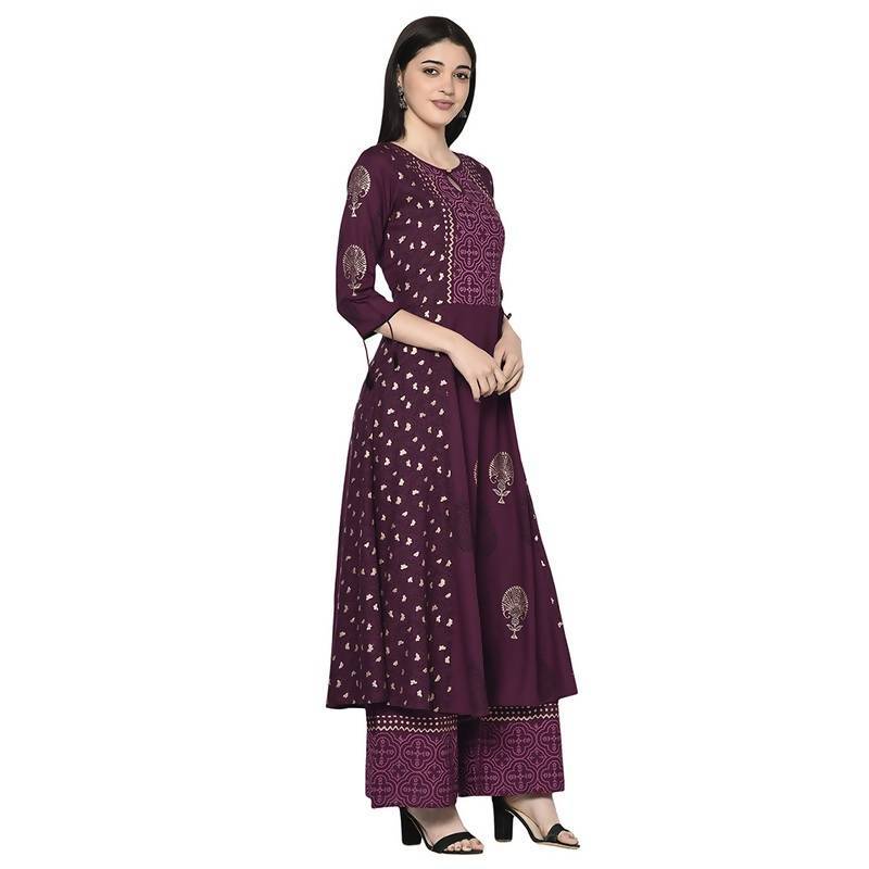 Women's Wine Rayon Block print Anarkali kurta