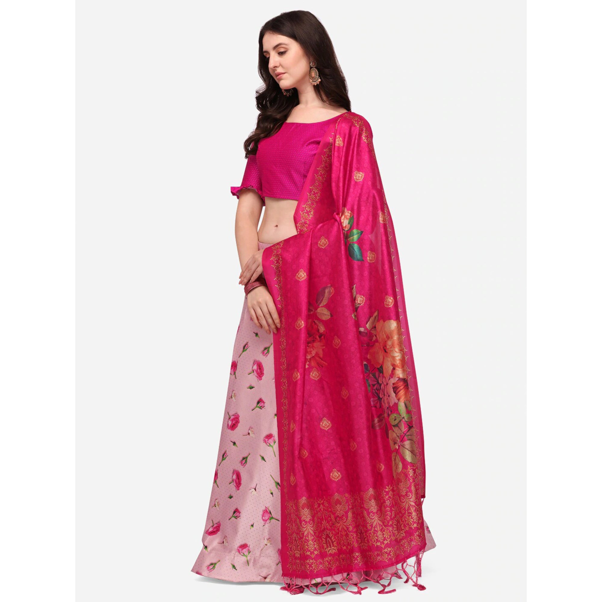 Women's Digital Print Shiney Satin Semistitched Lehenga Choli With Unstitched Blouse And Thred Work Dupatta